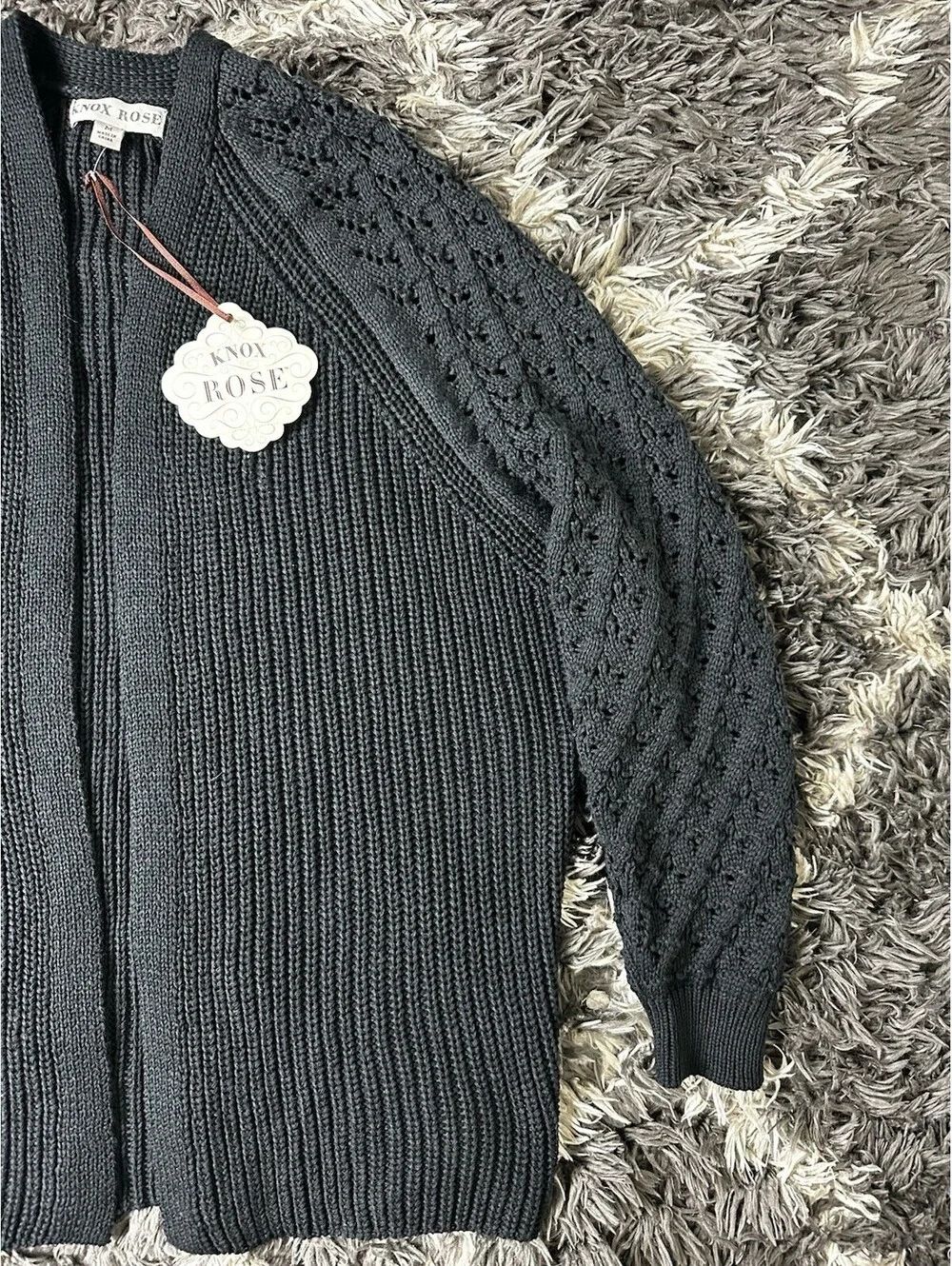 NWT Knox Rose Women's Open Front Cable Knit Cardigan Sweater Black Size M